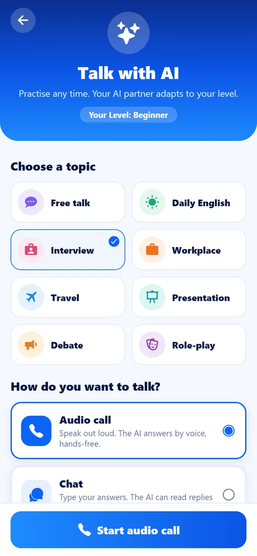 Choosing a practice topic and how to talk in TalkZeno